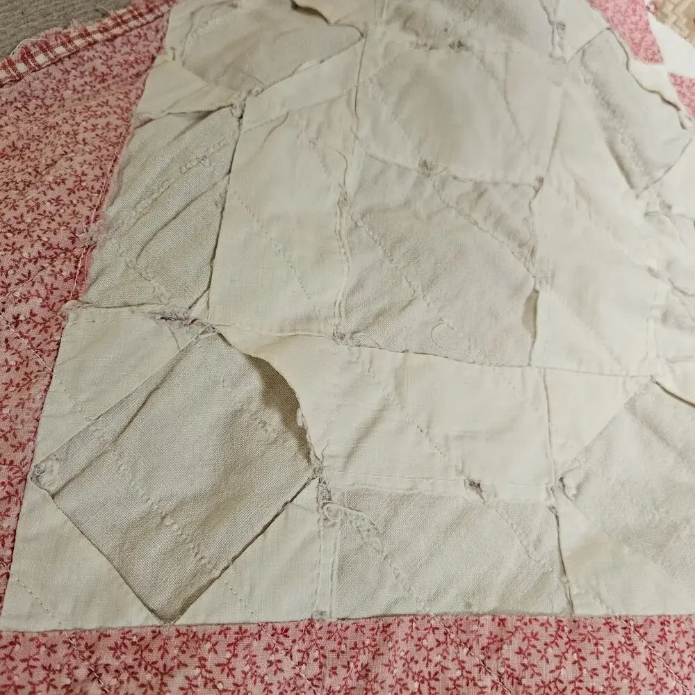 Vtg Hand pieced patchwork quilt 80X80 Chimney sweep design damage stains READ